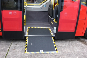 (Interior view of accessible city bus with foldable seats and ramp Iveco front low entry omnicar [de])